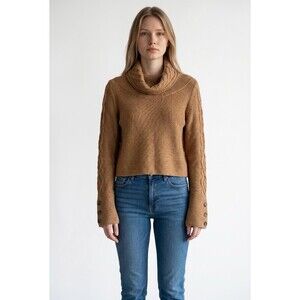 WHITE + WARREN 100% Cashmere Sweater Camel Turtleneck Cableknit Sleeves Buttons